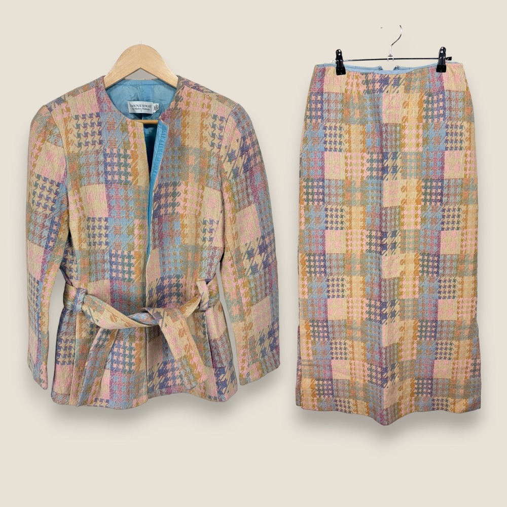 Tannerway by Melba Hobson Tweed Patchwork Jacket Skirt Set Women Size 12 Wool